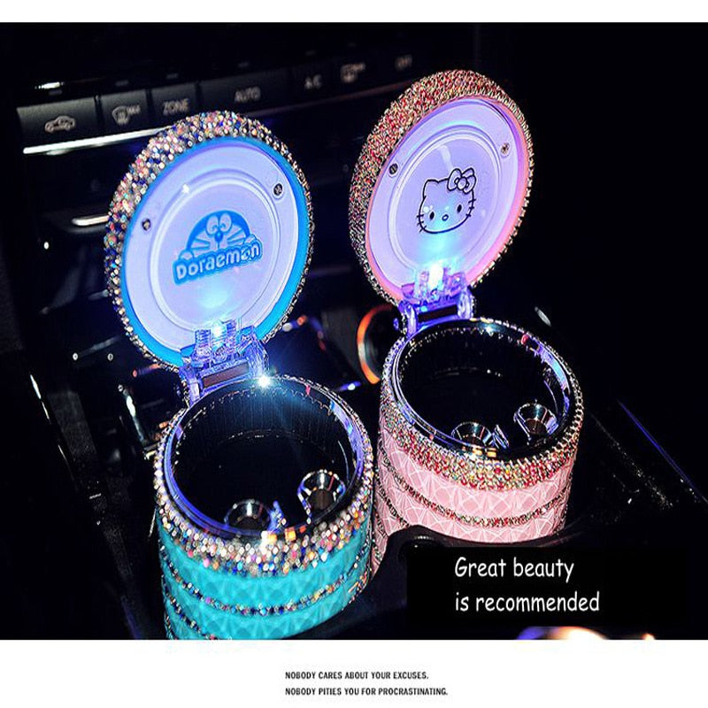 Cute LED Car Ashtray – Crystal Diamond Hello Kitty Style Cup Holder