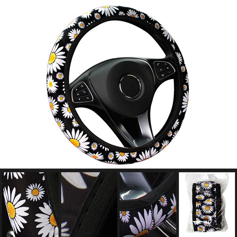 Cute Daisy Flower Knitted Steering Wheel Cover – Universal Car Interior Accessory