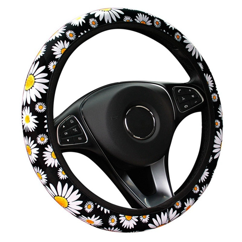 Cute Daisy Flower Knitted Steering Wheel Cover – Universal Car Interior Accessory